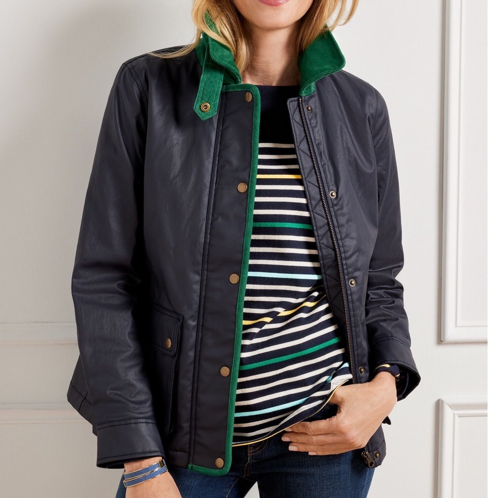 Talbots Petite Navy Coated Cotton Barn Jacket Green Corduroy Collar XL P g5